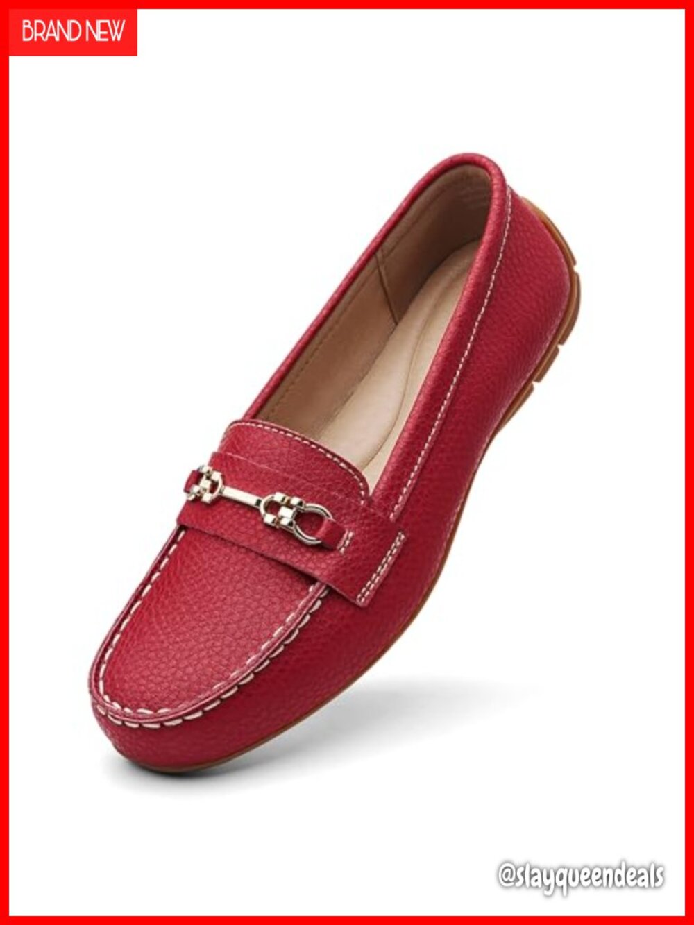 Genuine Leather Slip-On Loafers with Memory Foam, Gold Buckle Accent,